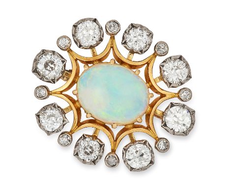 ANTIQUE OPAL AND DIAMOND BROOCH, set with a cabochon opal and approximately 3.50 carats of old cut diamonds, 3cm, 10.4g.