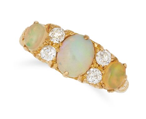 ANTIQUE OPAL AND DIAMOND RING set with cabochon opals and round cut diamonds, size N / 6.5, 5g.