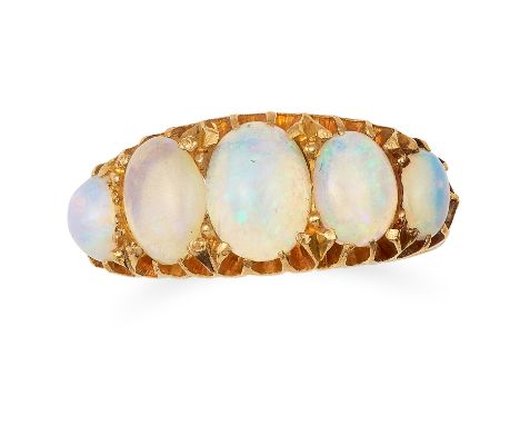 ANTIQUE OPAL FIVE STONE RING set with five cabochon opals, size L / 5.5, 3.5g.