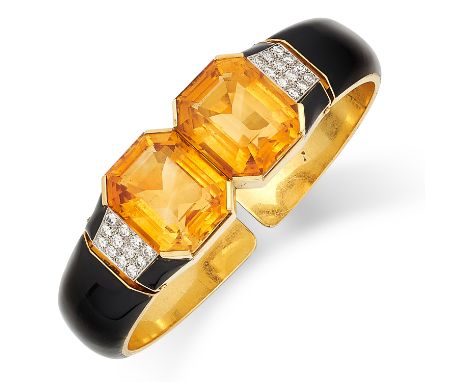 VINTAGE CITRINE, DIAMOND AND ENAMEL BANGLE set with emerald cut citrines, round cut diamonds and black enamel, 5.5cm, 41g.