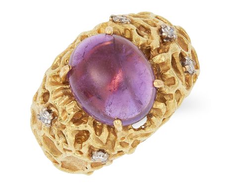 AMETHYST AND DIAMOND RING, ANDREW GRIMA 1969, set with a cabochon amethyst and round cut diamonds, signed GRIMA, size O / 7, 