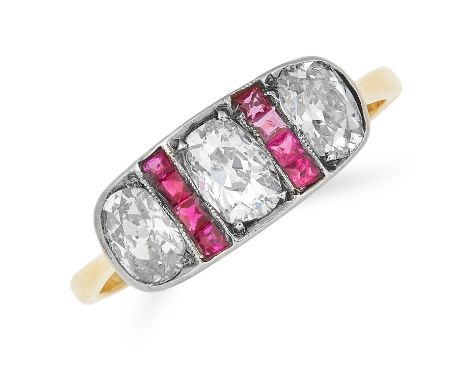 ANTIQUE ART DECO DIAMOND AND RUBY RING set with old cut diamonds and step cut rubies, size O / 7, 2g.