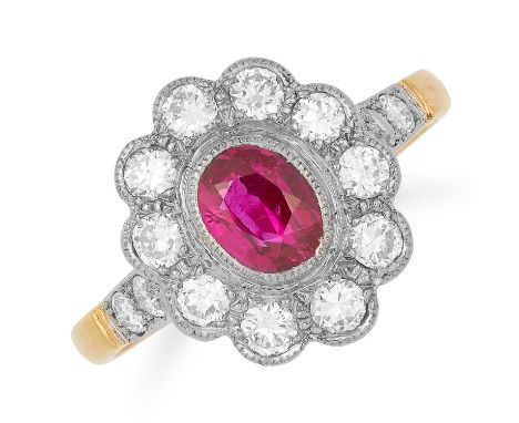 0.78 CARAT BURMA NO HEAT RUBY AND DIAMOND CLUSTER RING set with an oval cut ruby of 0.78 carats in a border of round cut diam