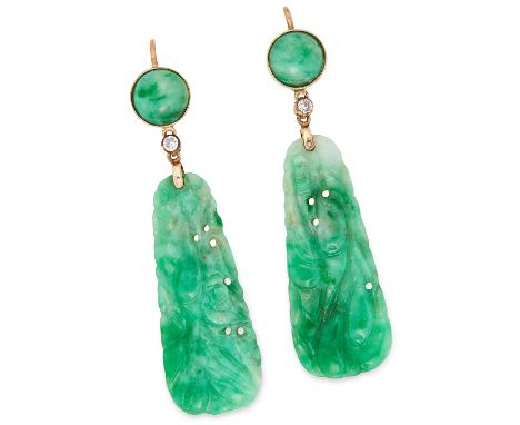 CARVED JADEITE JADE AND DIAMOND EARRINGS, set with a cabochon jadeite, carved jadeite and round cut diamond, 5.3 cm, 6.2g.