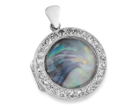 ART DECO OPAL AND DIAMOND PENDANT, set with an opal in a border of round cut diamonds, 2cm, 5.9g.