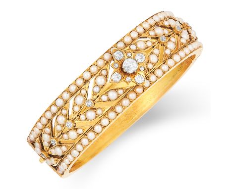 ANTIQUE PEARL AND DIAMOND BANGLE, 19TH CENTURY set with seed pearls and old cut diamonds, 5.5cm inner diameter, 36g.