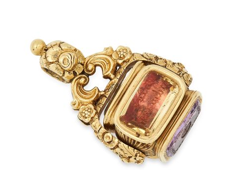 ANTIQUE CITRINE, AMETHYST, TOPAZ AND HAIRWORK INTAGLIO FOB SEAL set with carved amethyst, citrine, topaz and mourning hairwor