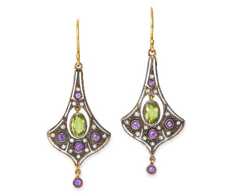 PERIDOT, AMETHYST AND DIAMOND EARRINGS set with an oval cut peridot, round cut amethyst and diamonds, 4.7cm, 4.5g.