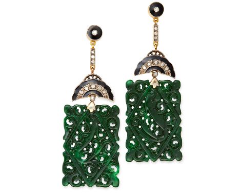 JADE, DIAMOND AND ENAMEL EARRINGS in Art Deco style, each set with round cut diamonds and black enamel, suspending a carved j