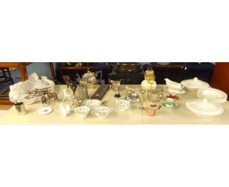 Various items including Carlton Ware Deco box and cover, silver plated tea set, part Doulton 'Arabesque' service, Beswick ani