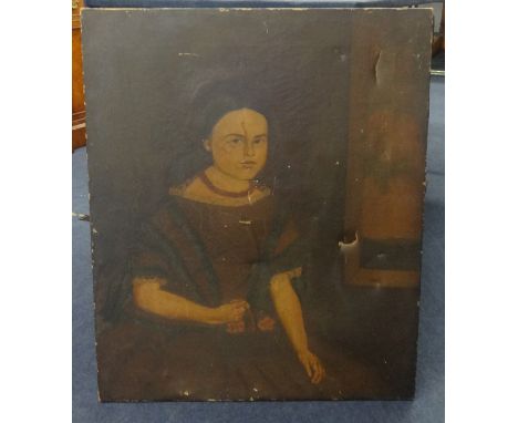 19th century naïve portrait of a girl oil on canvas, 60cm x 30cm.
