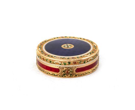 A GOLD AND ENAMEL BONBONNIÈRE by Daniel Marchand &amp; Co, Hanau, c.1785, circular, the lid and base decorated in translucent