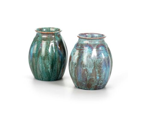 A PAIR OF PILKINGTON ROYAL LANCASTRIAN POTTERY VASES, CIRCA 1910 of lobed ovoid form, each with a turquoise, brown and green 