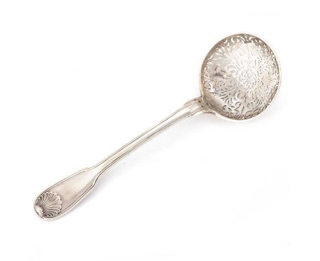 AN 18TH CENTURY FRENCH SILVER SIFTING LADLE marked on the underside of handle, Fiddle, Shell and Thread pattern, engraved wit