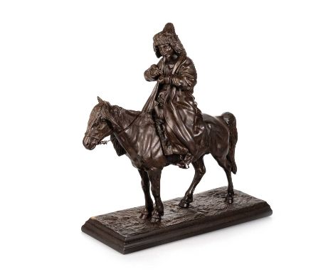 ARTEMI OBER (RUSSIAN, 1843-1917), A CAST IRON FIGURE OF A KYRGYZ ON HORSEBACK SMOKING A PIPE signed and dated 1872 in the cas