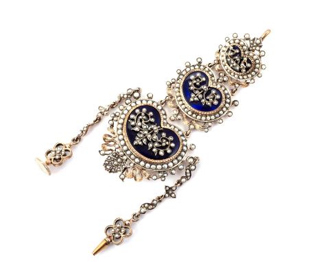 A 19TH CENTURY GOLD, PEARL AND ENAMEL CHATELAINE with three graduated sections, suspending a watch key and seal. 11cm high, 5