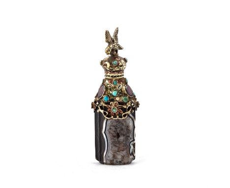 A 19TH CENTURY BANDED AGATE AND SILVER-GILT SCENT BOTTLE probably Austro-Hungarian, set with foil back garnets and turquoise.
