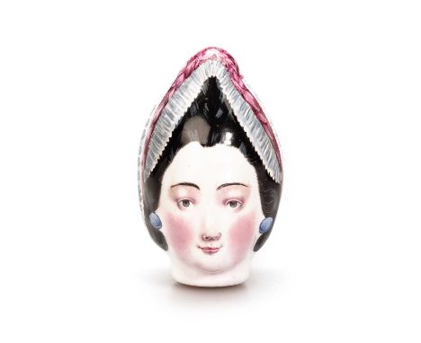 A SOUTH STAFFORDSHIRE ENAMEL 'FLORA MACDONALD' BONBONNIÈRE, CIRCA 1765-1770 modelled as the head of a lady with a hinged cove
