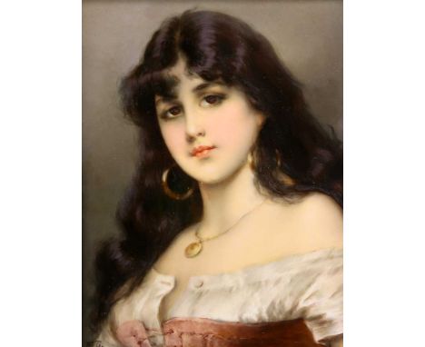 A BERLIN (KPM) PORCELAIN PLAQUE rectangular painted with the portrait of a girl, signed with the initials FD lower left, impr