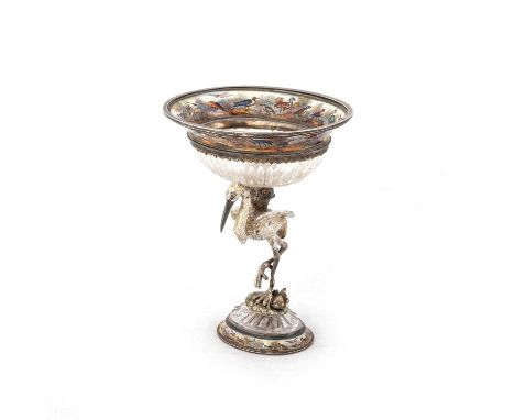 A VIENNESE SILVER, ENAMEL AND ROCK CRYSTAL TAZZA, CIRCA 1890 the oval bowl with cut decoration and an enamel border of birds 