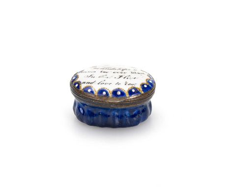 A SOUTH STAFFORDSHIRE ENAMEL PATCH BOX, LATE 18TH CENTURY oval, the cover inscribed Friendship's a name for ever blest...4.4c
