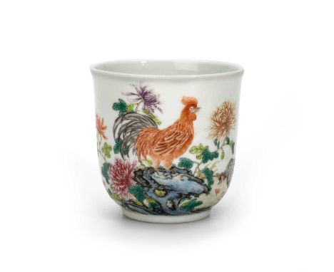 A CHINESE FAMILLE ROSE 'CHICKENS' CUP circular, enamel painted with a cockerel, hen and chicks, bears iron-red seal mark. 6.8