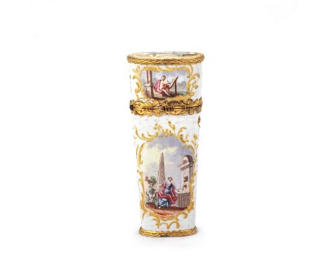 A SOUTH STAFFORDSHIRE ENAMEL ETUI, CIRCA 1770-1780 of tapering form with gilt-metal mounts, the hinged cover opening to revea
