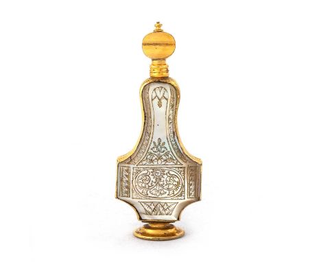 A GILT-METAL AND MOTHER-OF-PEARL SCENT BOTTLE, LATE 18TH CENTURY of compressed baluster form, the mother-of-pearl panels engr