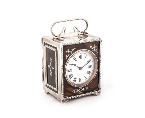 AN EDWARDIAN SILVER AND TORTOISESHELL CARRIAGE CLOCK maker's mark indistinct, Birmingham 1909, the white enamel dial with Rom
