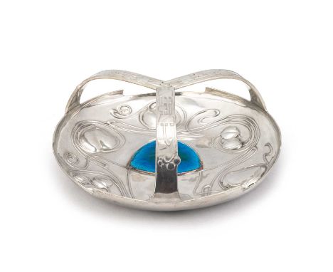 ARCHIBALD KNOX (1864-1933) FOR LIBERTY & CO, A RARE TUDRIC PEWTER AND ENAMEL TRAY, 'THE BOLLELIN' no. 044, the circular tray 