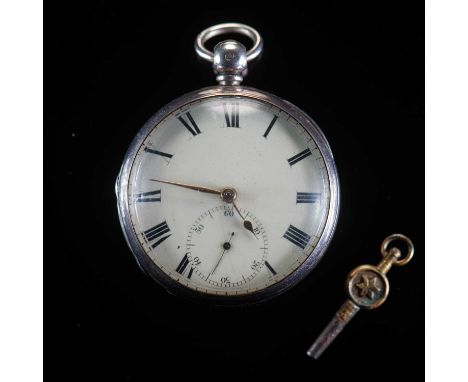 A SILVER OPEN FACED POCKET WATCH circular white enamel dial with black Roman indices and an outer minute track with gilt hand