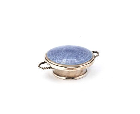 A GEORGE V SILVER AND ENAMEL PILL BOX by Levi &amp; Salaman, Birmingham 1912, in the form of a basket with twin handles, the 