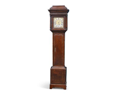 AN 18TH CENTURY OAK 30-HOUR LONGCASE CLOCK, SIGNED JONAS BARBER the 10-inch square brass dial with a date aperture, the caddi