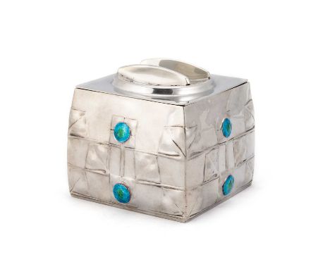 ARCHIBALD KNOX (1864-1933) FOR LIBERTY & CO, A TUDRIC PEWTER AND ENAMEL BISCUIT BOX no. 0194, of square-section with lift-off
