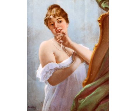 A BERLIN (KPM) PORCELAIN PLAQUE, 'IN THE BOUDOIR' rectangular, painted with a lady wearing a pearl necklace, signed Knoeller,