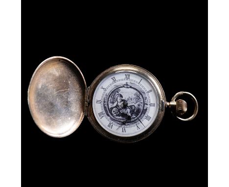 A GOLD PLATED FULL HUNTER ELGIN POCKET WATCH  the circular white dial decorated with a central momento mori design, with Roma