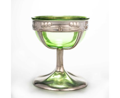 ARCHIBALD KNOX (1864-1933) FOR LIBERTY & CO, A TUDRIC PEWTER FOOTED BOWL of chalice form, the circular bowl mount with stylis