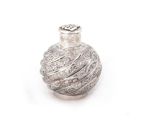 A LATE 19TH CENTURY CHINESE SILVER TEA CADDY  mark of Tu Qing Yun, Jiujiang, Guangdong Province, globular with a pull-off cov