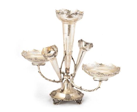 A GEORGE V SILVER EPERGNE by William Hutton &amp; Sons Ltd, Sheffield 1919, with a large central trumpet-shaped vase flanked 