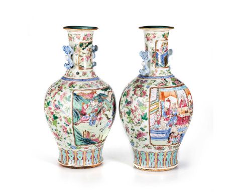 A LARGE PAIR OF CHINESE CANTON FAMILLE ROSE VASES, 19TH CENTURY of baluster form, typically enamel painted in the characteris