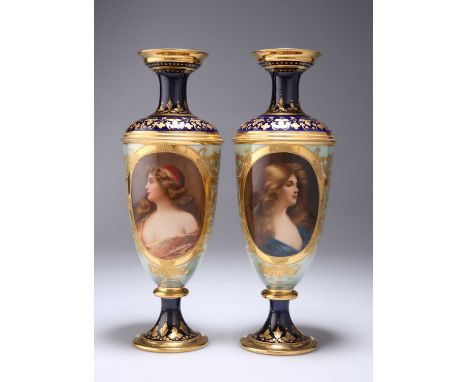 A PAIR OF DRESDEN VASES, LATE 19TH CENTURY of shouldered ovoid form with a circular foot, each painted with an oval portrait 