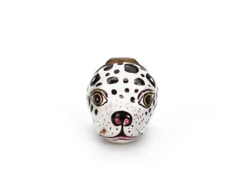 A SOUTH STAFFORDSHIRE ENAMEL DOG'S HEAD BONBONNIÈRE, CIRCA 1770 modelled as the head of a Dalmatian, the cover painted with a