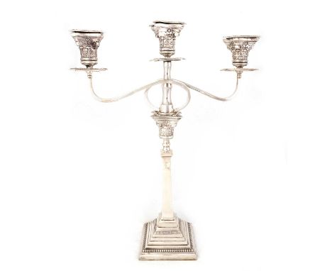 A GEORGE V SILVER THREE-LIGHT CANDELABRUM by Britton, Gould &amp; Co, Birmingham 1935, the detachable superstructure with scr