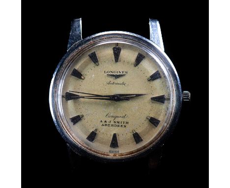 A GENTS STEEL LONGINES CONQUEST WATCH HEAD circular ivory dial signed Longines Automatic Conquest A &amp; J Smith Aberdeen, s