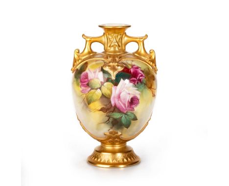 A ROYAL WORCESTER VASE BY REGINALD AUSTIN, DATED 1920 the ovoid body with twin handles, painted with roses, signed R. Austin,