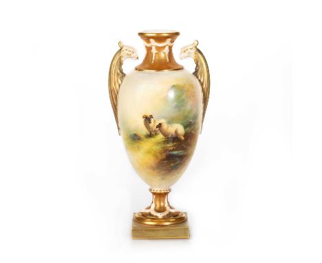 A ROYAL WORCESTER VASE BY ERNEST BARKER, DATED 1913 the ovoid body with twin eagle-head handles, painted with sheep in a land