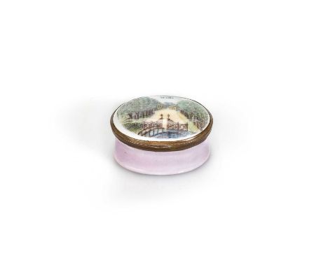 A SOUTH STAFFORDSHIRE ENAMEL PATCH BOX, LATE 18TH CENTURY oval, the hinged cover decorated with a view of Cheltenham Wells. 4