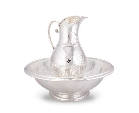 A SILVER-PLATED CHRISTOFLE EWER AND BASIN by Christofle, the basin of circular form, the ewer of baluster form with an S-scro