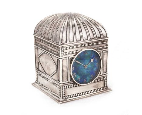 AN ARTS AND CRAFTS SILVER AND ENAMEL MANTEL CLOCK by Liberty &amp; Co Ltd, Birmingham 1910, the square-section case with a do