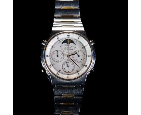 A GENTS BICOLOUR SEIKO CHRONOGRAPH BRACELET WATCH white dial signed Seiko Chronograph Quartz Sports 100, with outer Roman ind